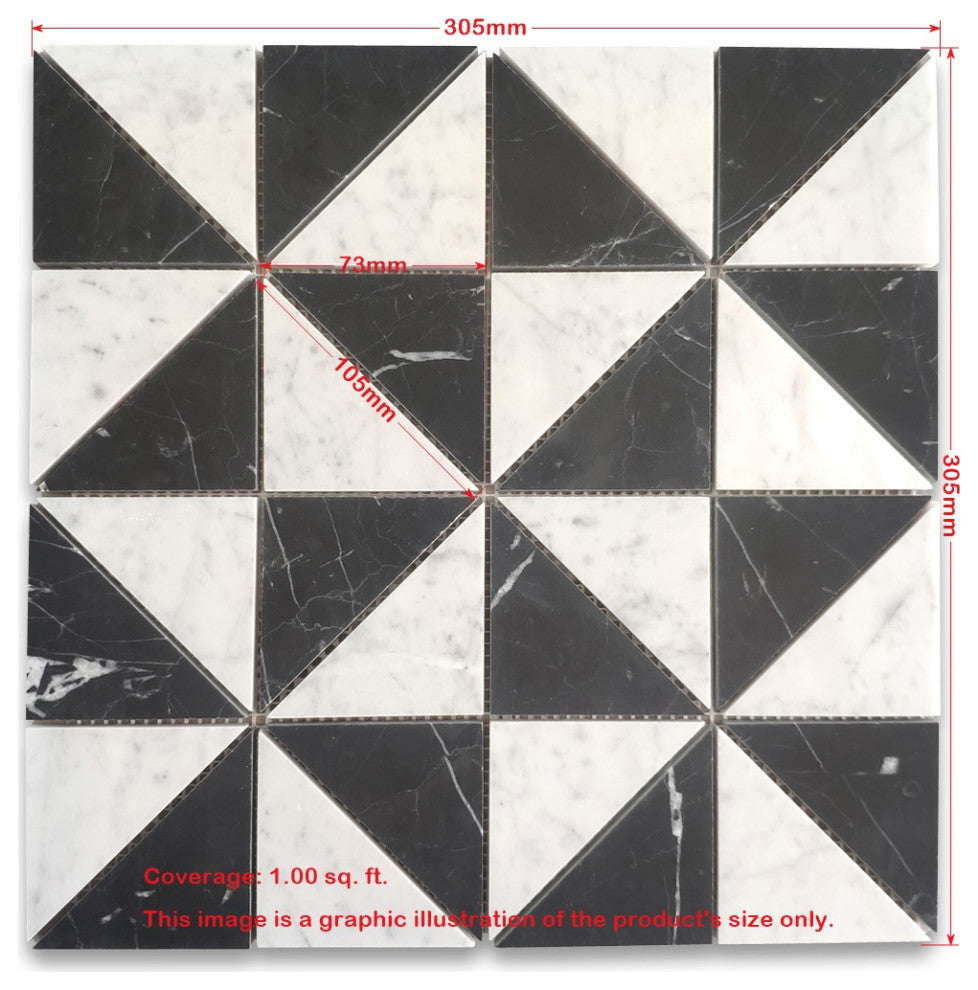 Carrara White Nero Marquina Black Marble Windmill Triangle Mosaic Tile, 1 sheet