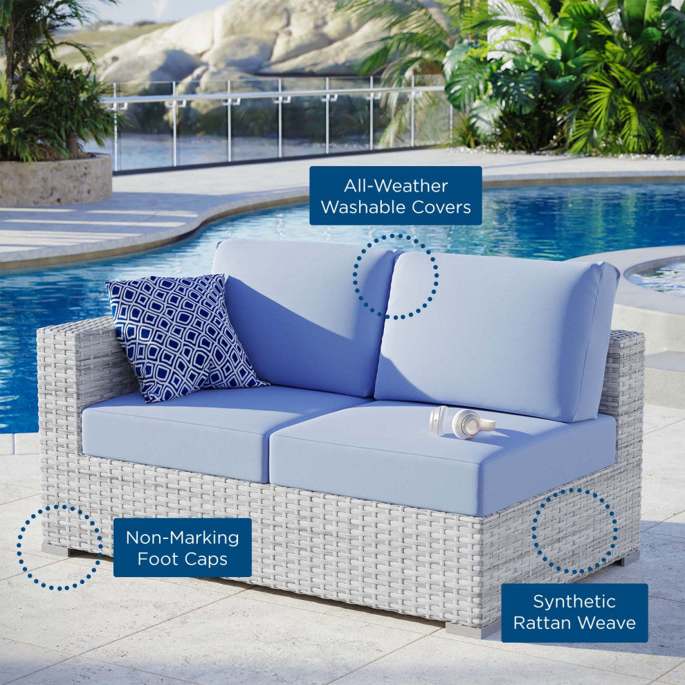 Lounge Loveseat Sofa, Rattan, Wicker, Gray Blue, Modern, Outdoor Patio Cafe
