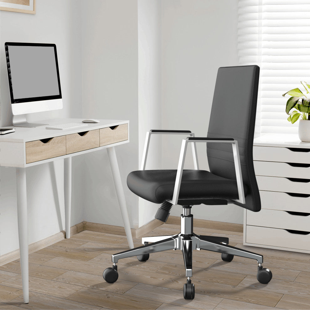 LeisureMod Aleen Upholstered Leather Office Chair With Swivel and Tilt, Black
