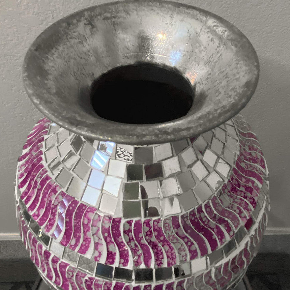 Metal Floor Vase with Glass Mosaic in Marbled Magenta Silver Wavy Shape