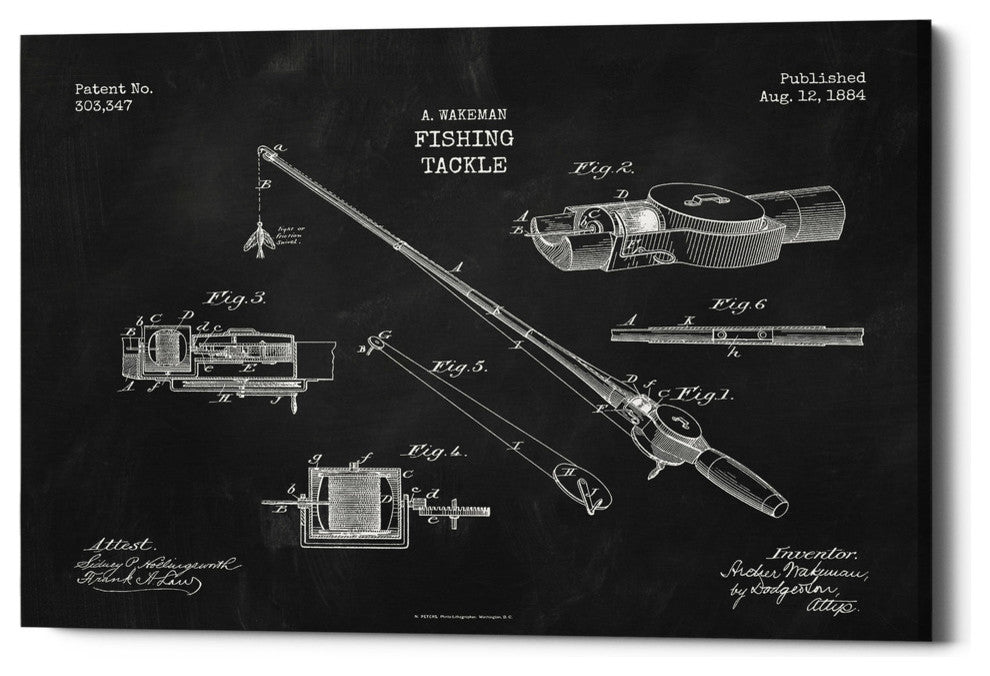 Epic Graffiti "Fishing Tackle Blueprint Patent Chalkboard" Giclee Canvas, 18"x26