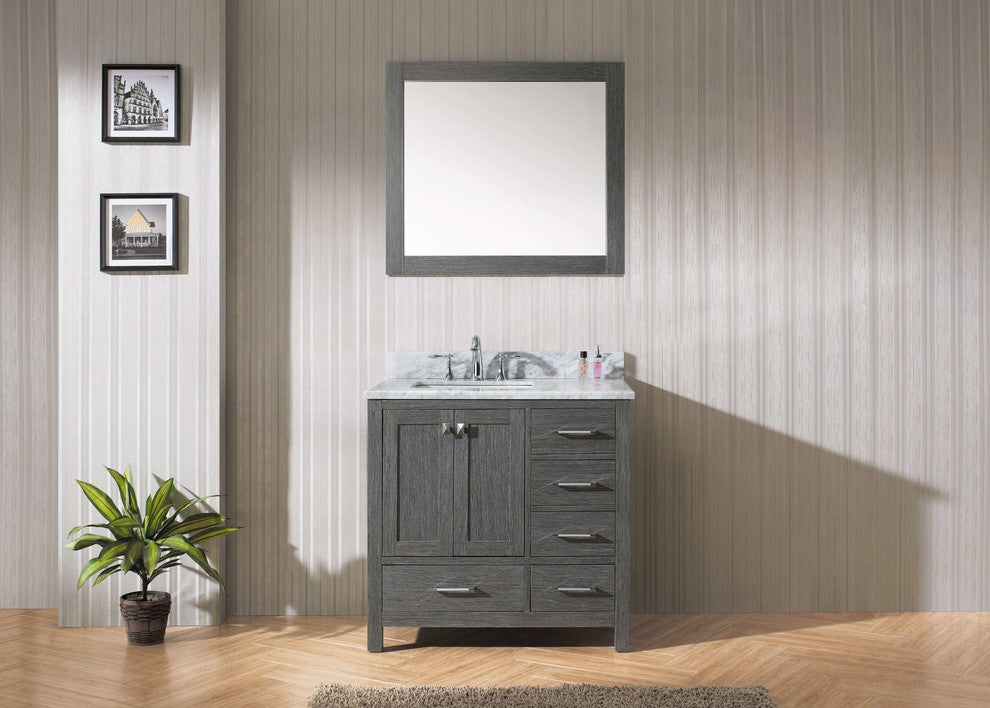 Caroline Premium 36" Single Bathroom Vanity, Zebra Gray With Marble Top