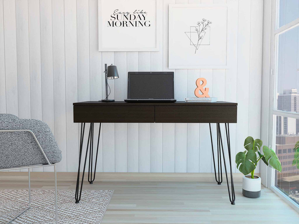 Oakland Writing Desk with 2 Drawers, Hairpin Legs, Black
