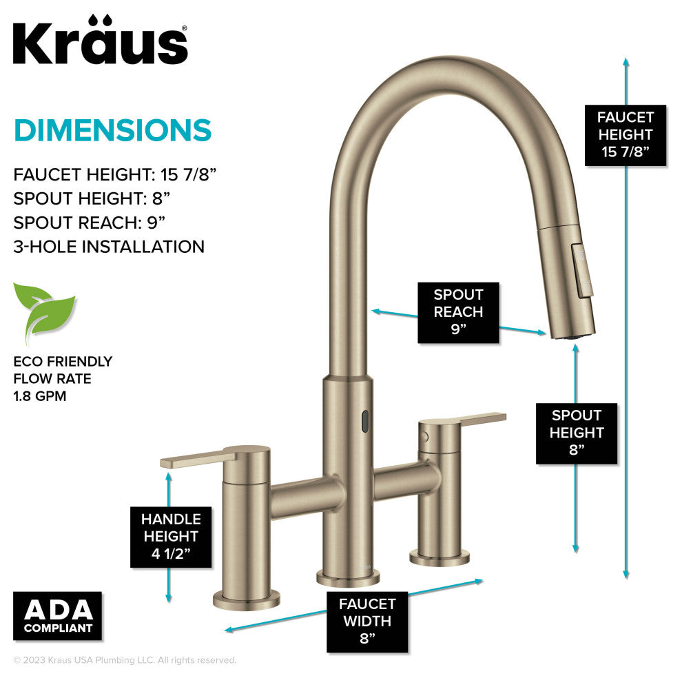 KRAUS Oletto Touchless Sensor Bridge Kitchen Faucet w Pulldown Sprayhead SFACB