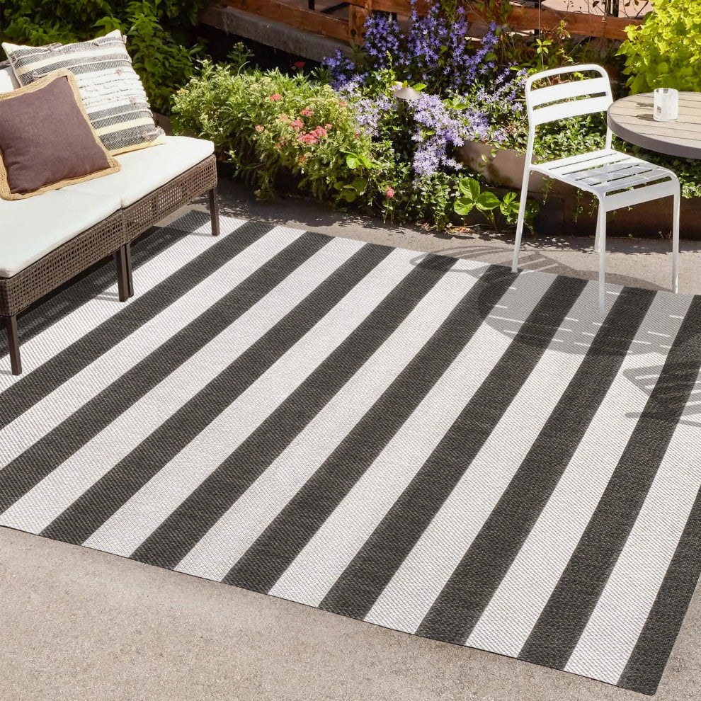 Negril Two-Tone Wide Stripe Indoor/Outdoor Area Rug, Black/Cream, 8x10