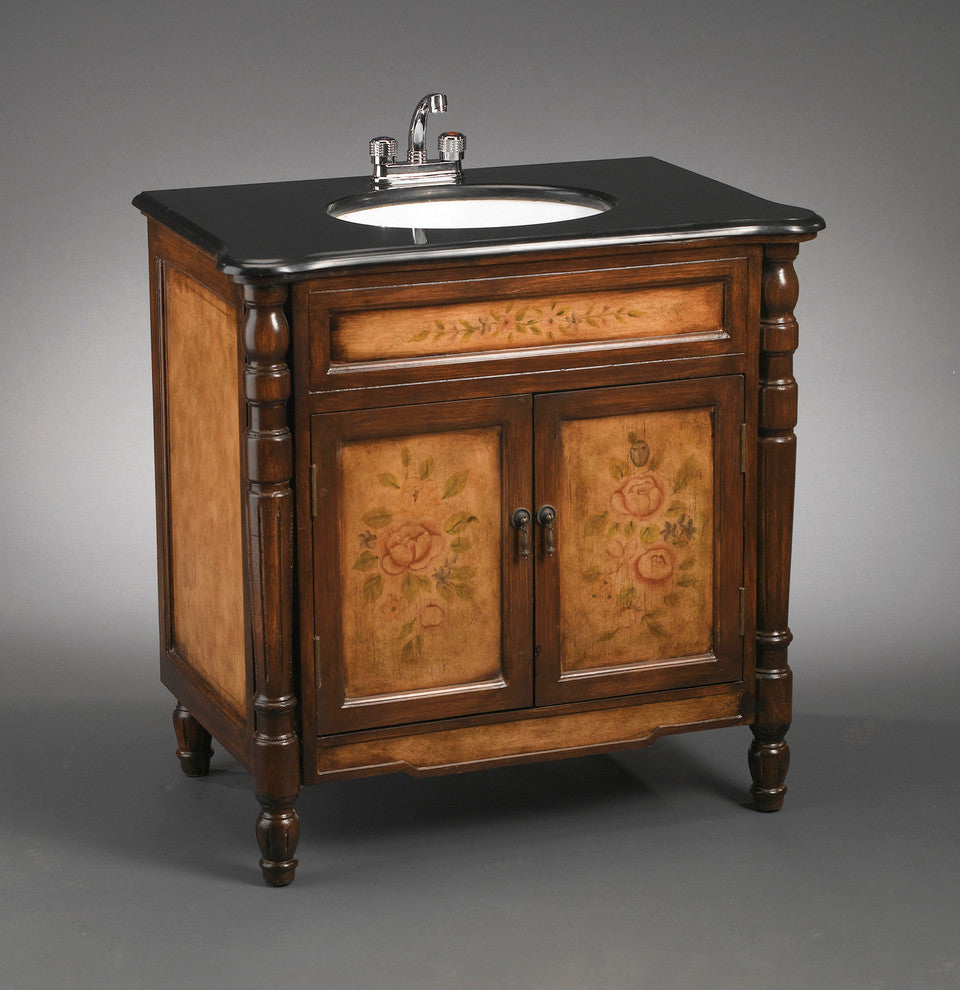 Brown Vanity Sink With Floral Design And Black Granite