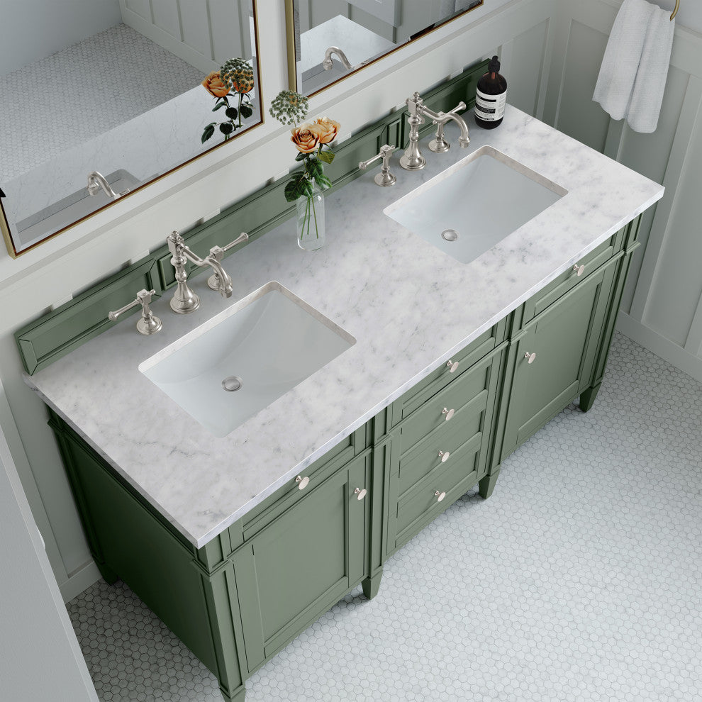 Brittany 60" Double Vanity, Smokey Celadon,  Carrara Marble Top