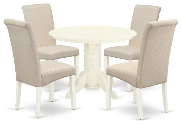 5Pc Dining Set, Round Room Table, Four Parson Chairs, Cream Fabric, White