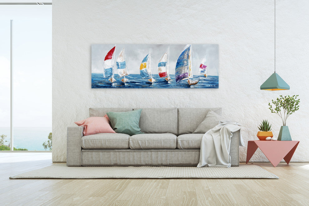 "Colorful Sailboats I" Hand Painted Canvas Art, 60"x20"