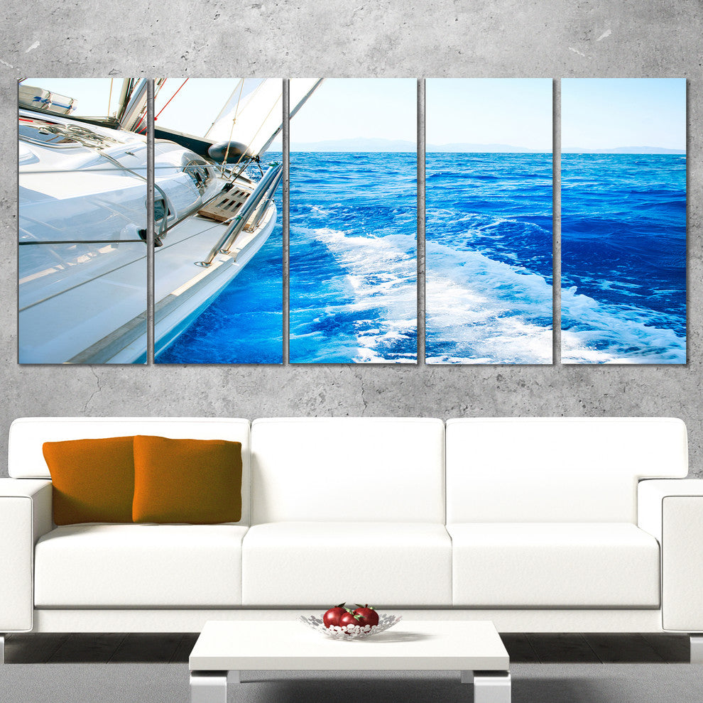 White Sailing Yacht in Blue Sea, Seashore Canvas Wall Art, 60"x28", 5 Panels