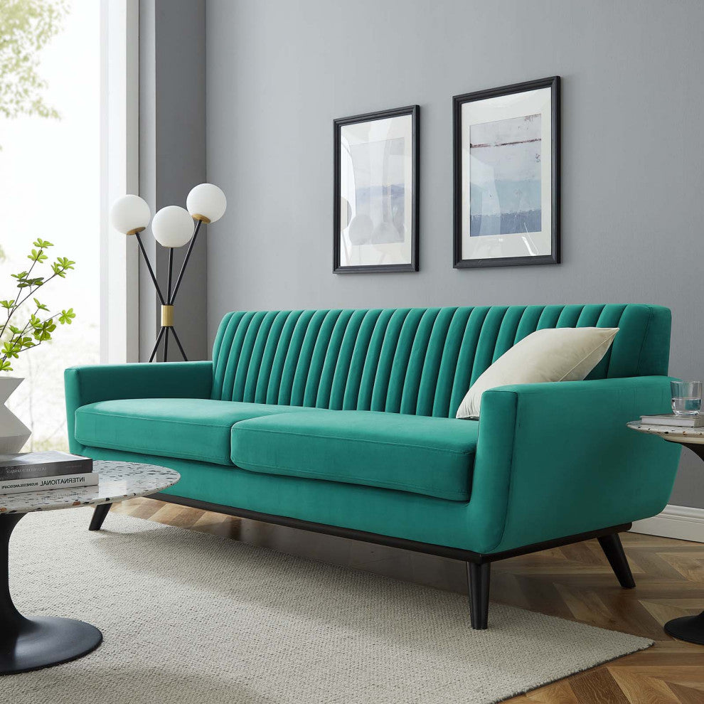 Tufted Sofa, Velvet, Teal Blue, Modern, Living Lounge Hotel Lobby Hospitality