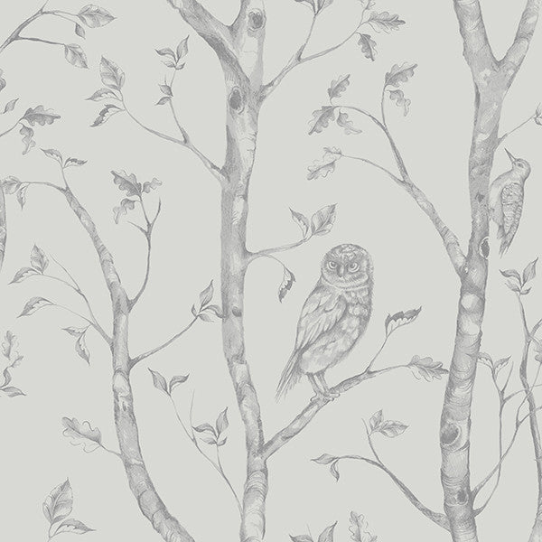 Illustrated Forest Scene Monochromatic Wallpaper, Medium Gray, Sample