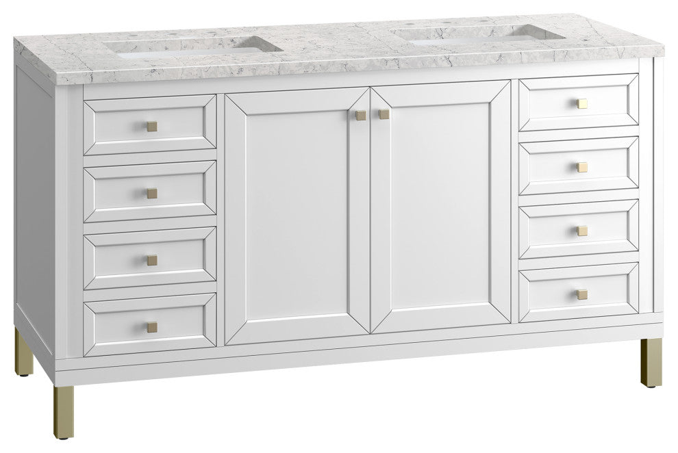 Chicago 60" Double Vanity, Glossy White, Eternal Jasmine Pearl Quartz