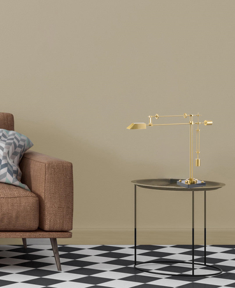 1-Light Brass Iron LED Table Lamp With A Shade And  A Black Alabaster Base