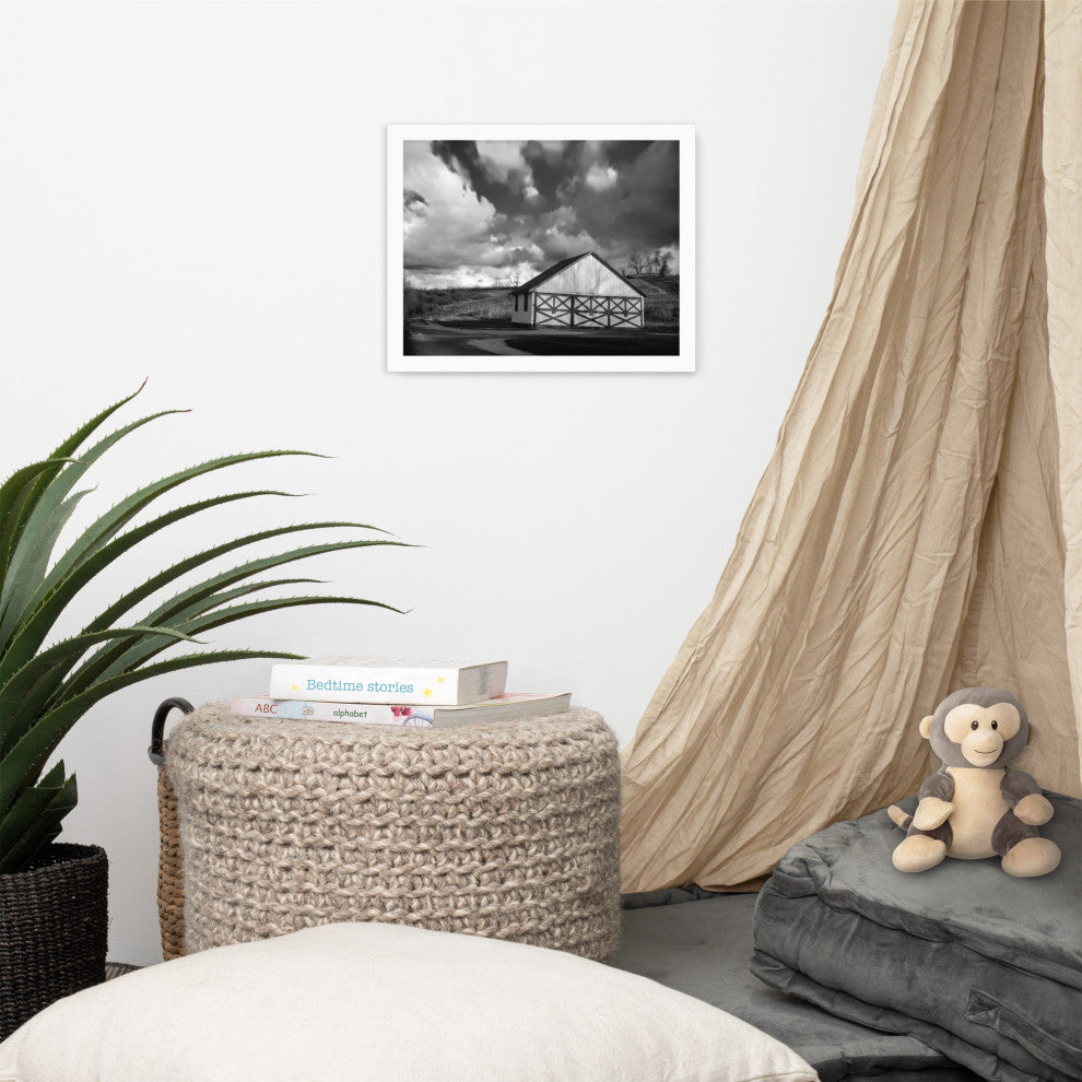 Aging Barn Morning Sun in Black and White Framed Photo Paper Wall Art Prints, White, 11" X 14"