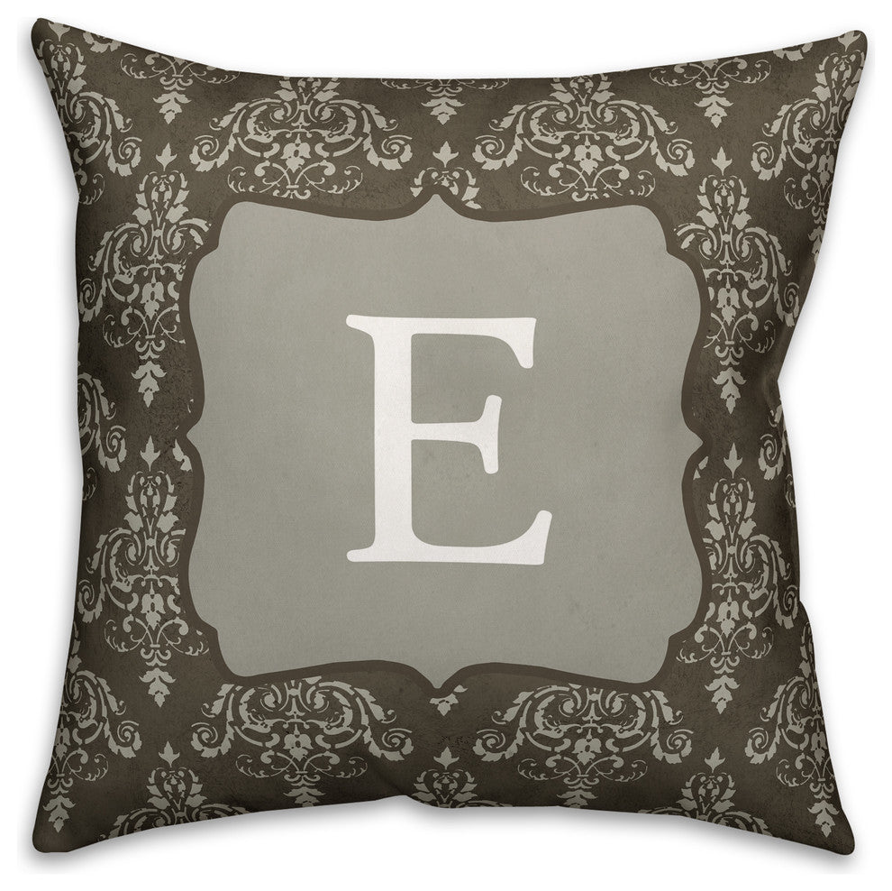 E Dark Gray Damask Monogram Spun Poly Pillow, 18x18