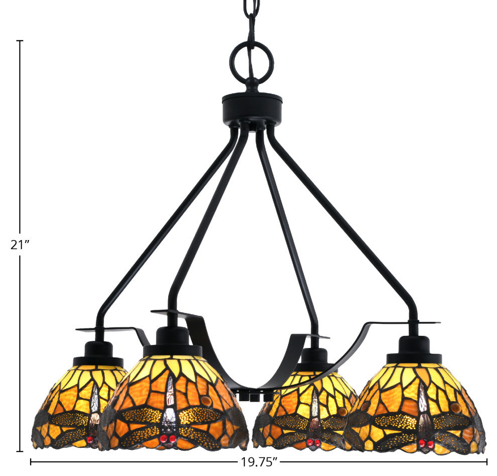 Odyssey 4 Light, Chandelier In Matte Black Finish, 7" Amber Dragonfly Art Glass