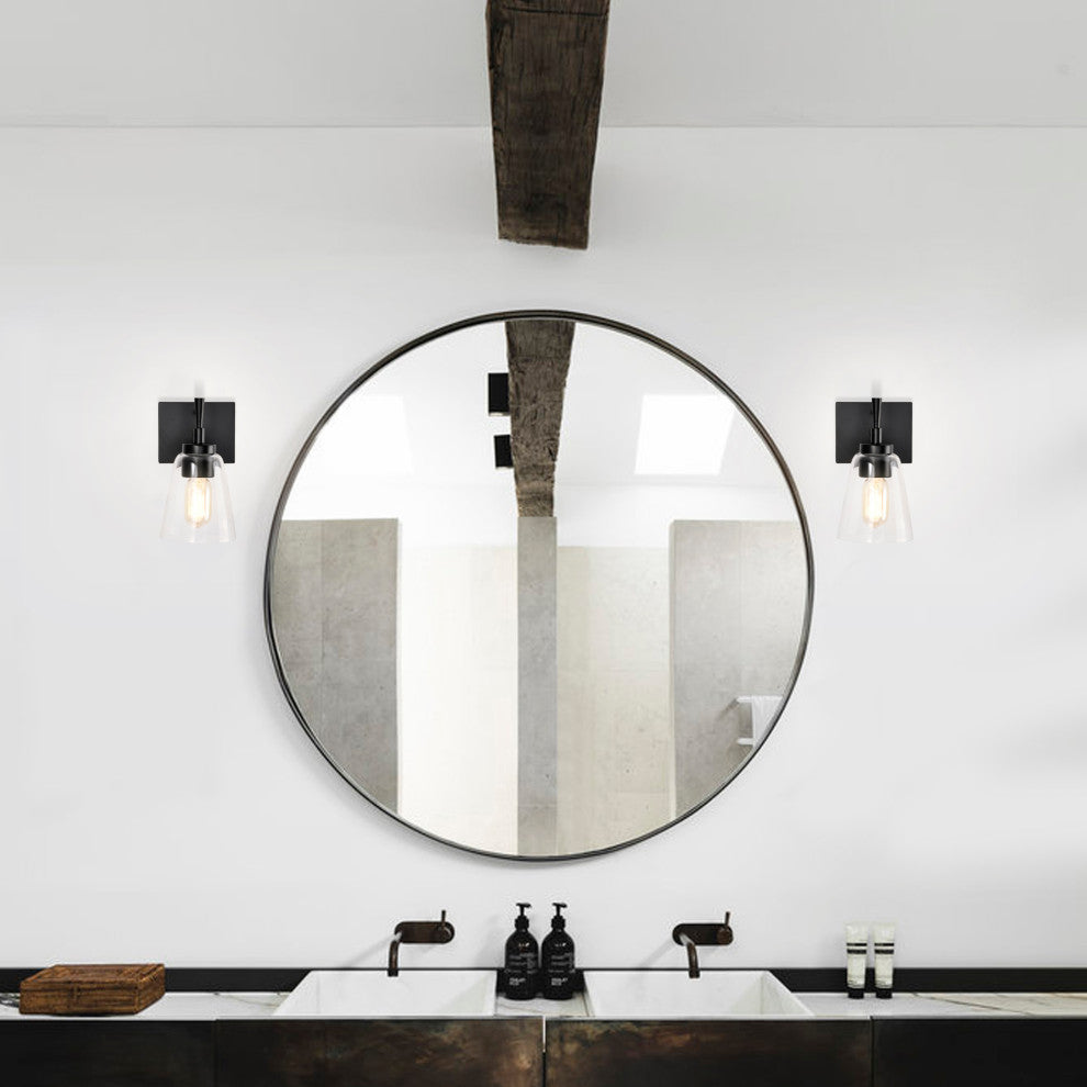 1-Light Matte Black Indoor Wall Sconce With Clear Cone Glass Shade