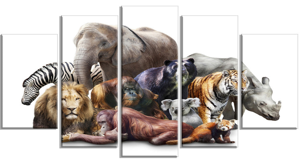 Animals on White Background, Abstract Canvas Art Print, 60"x32", 5 Panels