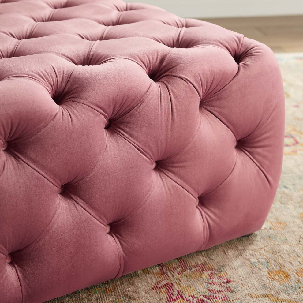 Tufted Accent Chair Ottoman, Square, Velvet, Pink, Modern, Lounge Hospitality