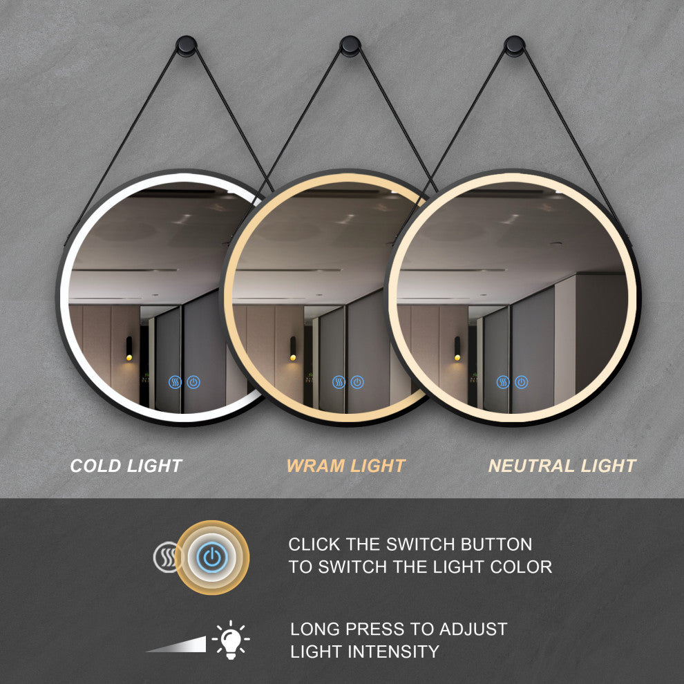 28-inch Round Metal Framed Smart 3-Color Dimmable Anti-Fog LED Vanity Mirror