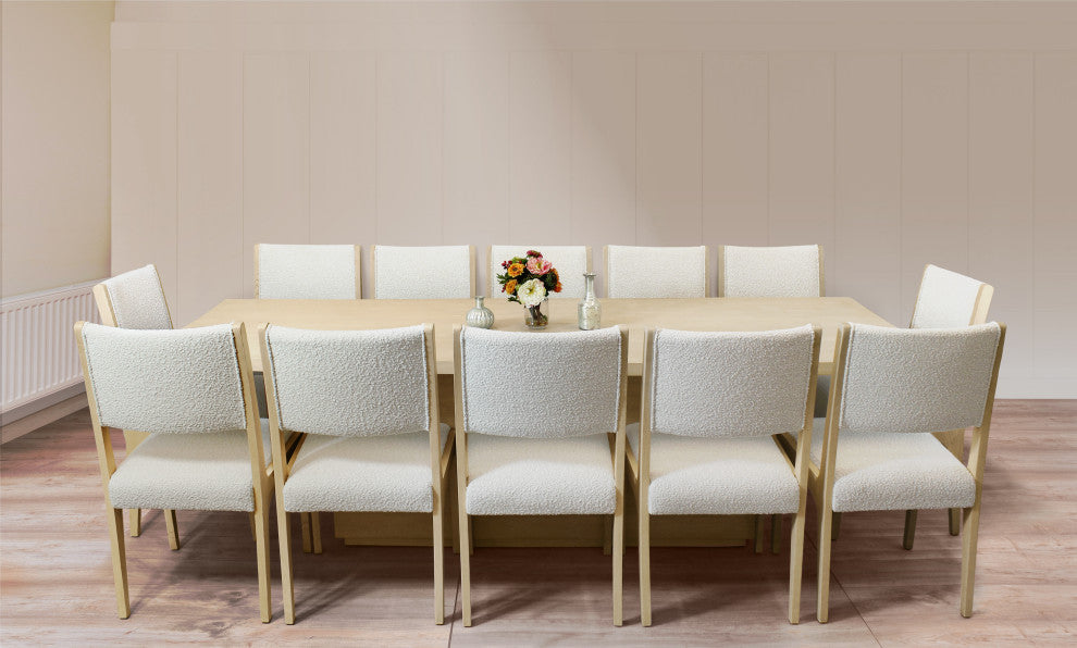 Flagstaff 13-Piece 108" Dining Set With 12 Ash Boucle Chairs In Ivory
