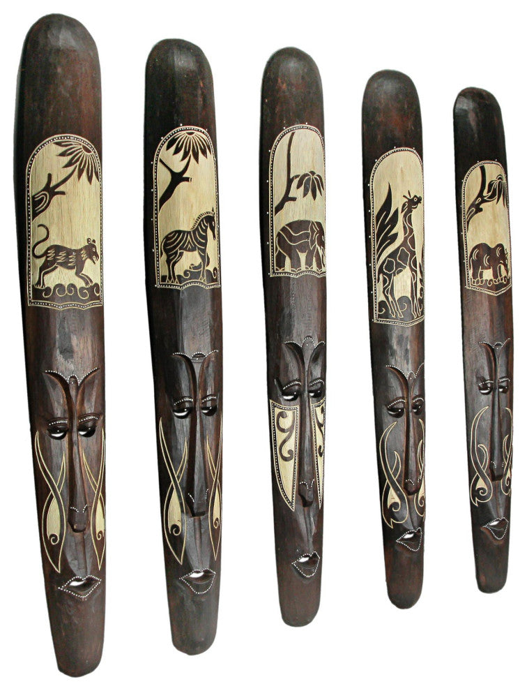 Set of Five 39 Inch Hand Carved African Style Tribal Masks Wall Bar Decor