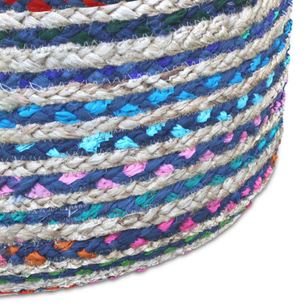 Margo Round Pouf, Braided Jute, Blue