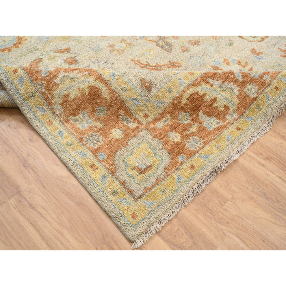 Tan Color, Oushak Design Pure Wool Hand Knotted Oriental Rug, 9'1"x11'9"