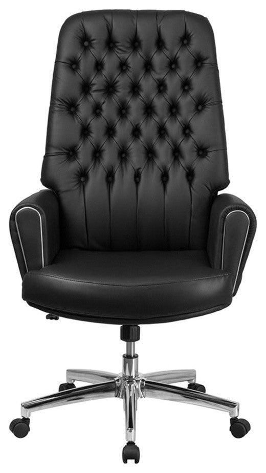 High Back Traditional Tufted Black Leather Executive Swivel Chair With Arms