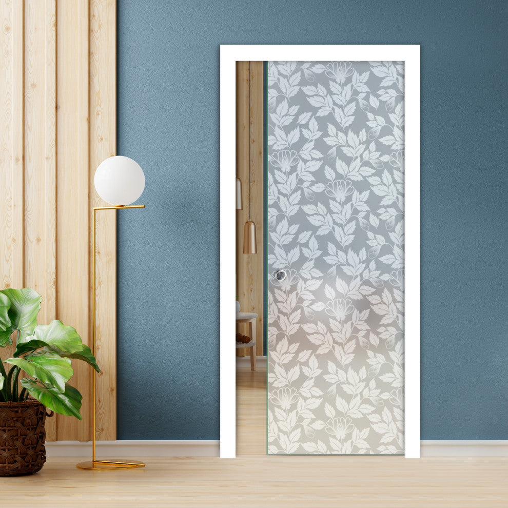 Pocket  Sliding Glass Door with Decorative Frosted Sandblasted Design, Full-Private, 32"x80", 5/16" (8mm)