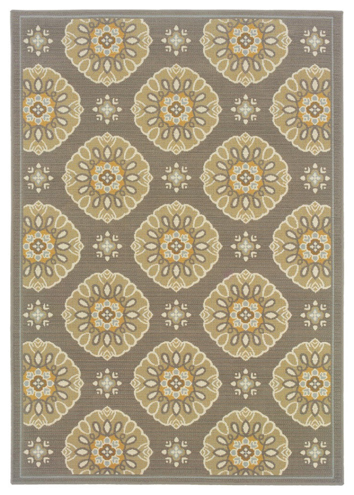 7' X 10' Grey Gold Floral Medallion Discs Indoor Outdoor Area Rug