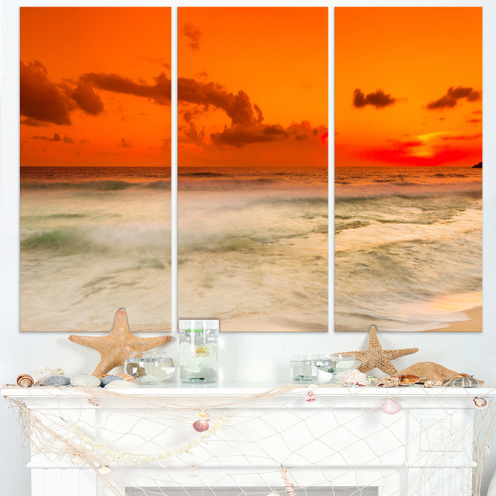 "Orange Sky and Wide Sandy Beach" Metal Wall Art, 3 Panels, 36"x28"