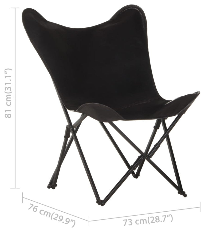 vidaXL Chair Accent Foldable Butterfly Chair for Living Room Black Real Leather