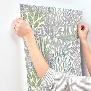 Coral Leaves Blue and Green Wallpaper