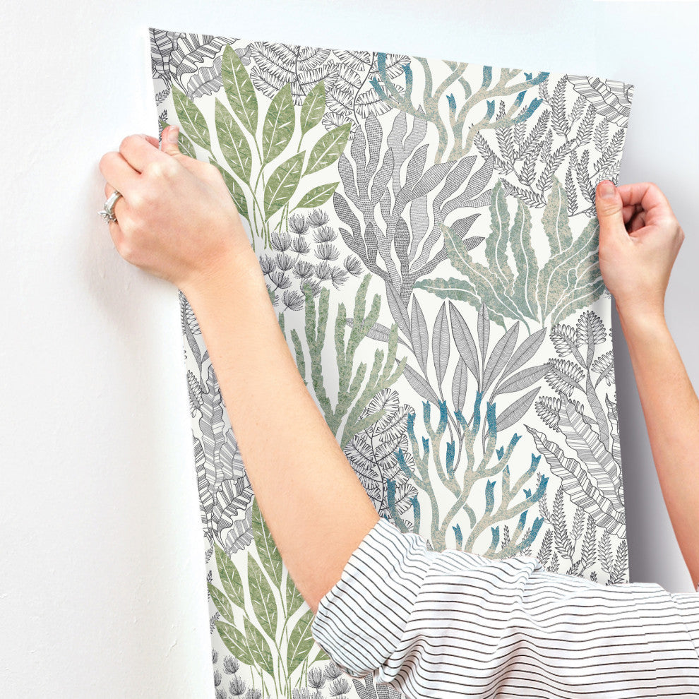 Coral Leaves Blue and Green Wallpaper