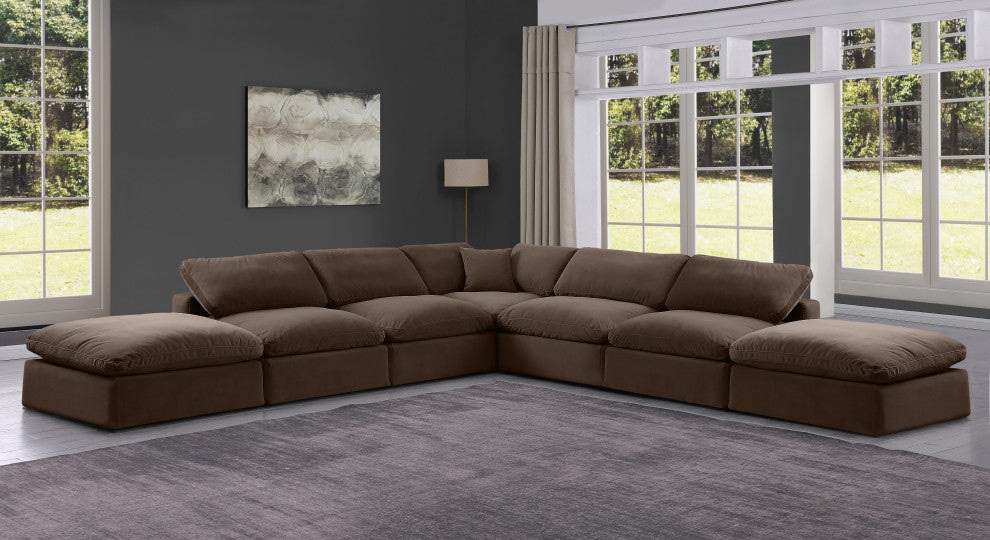 Comfy Upholstered L-Shaped Modular Sectional, Brown, 7-Piece: 4 Armless Chair, 1 Corner Chair, 2 Ottoman, Velvet
