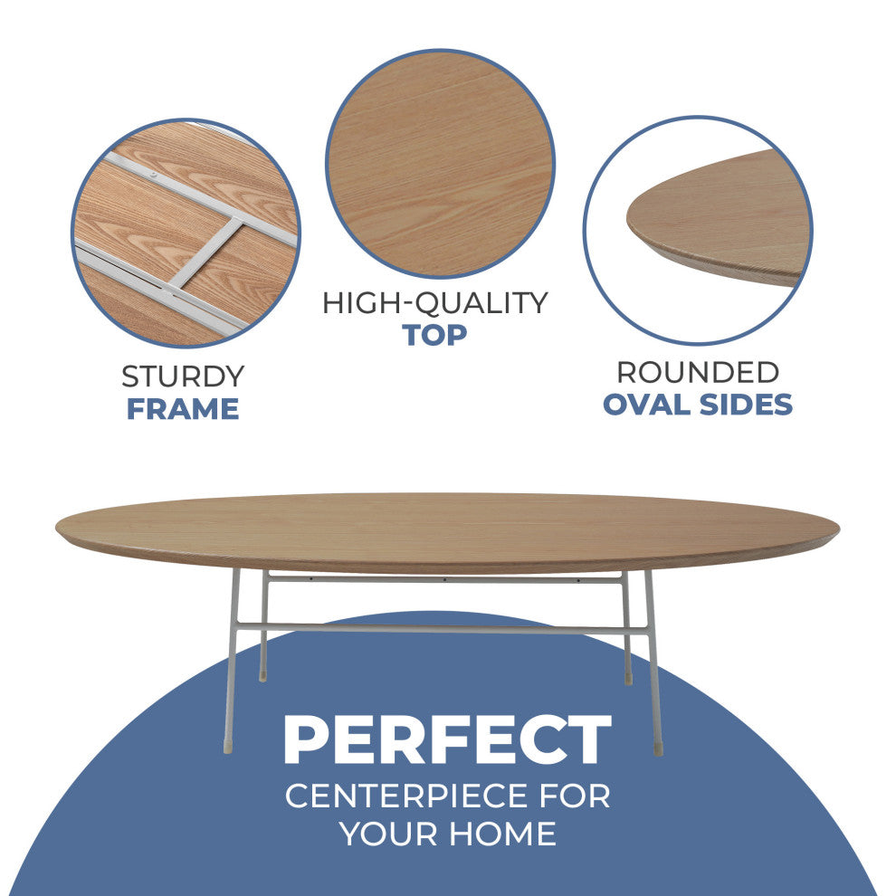 LeisureMod Rossmore Oval Coffee Table With White Steel Frame, Natural Wood