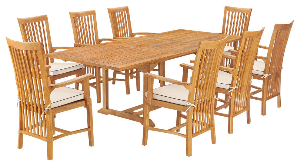 9 Piece Teak Wood Balero Outdoor Patio Dining Set, Rectangle Table, 8 Arm Chairs