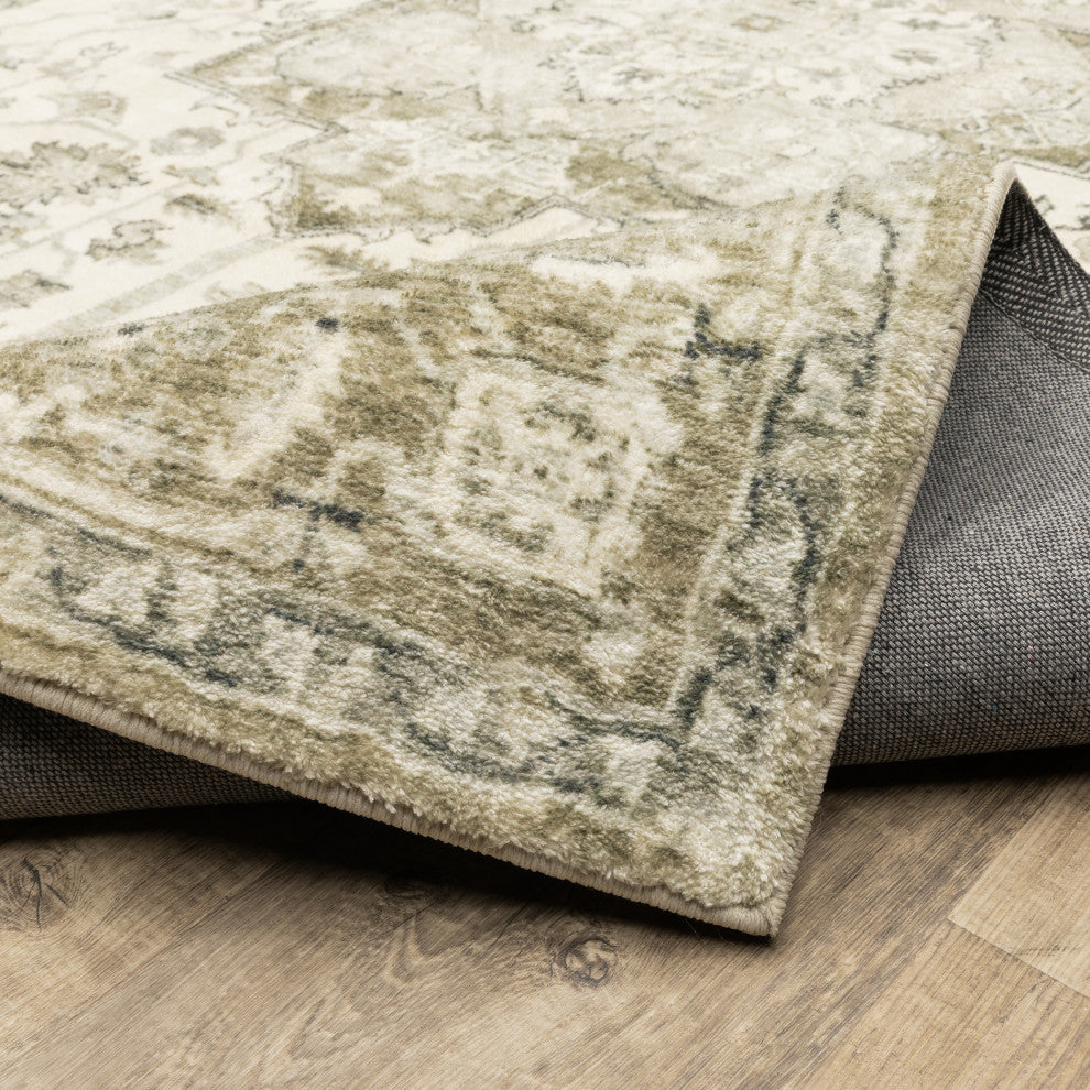 Sanjay Star Medallion Distressed Beige/Ivory Microfiber Area Rug, 5'3"x7'3"