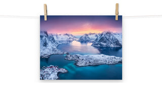 Reine at Winter Sunset Icy Mountain Landscape Photo Loose Wall Art Prints, 11" X 14"