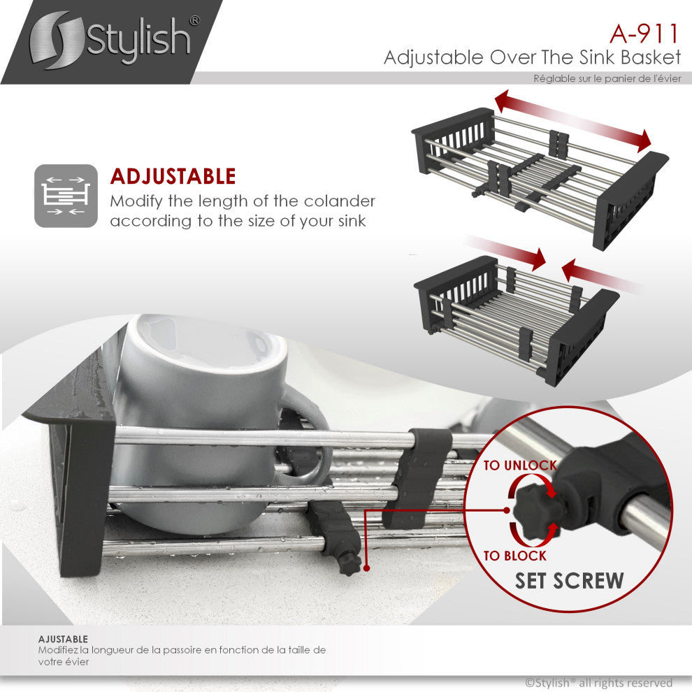 STYLISH Adjustable Over the Sink Stainless Steel Drainer Basket