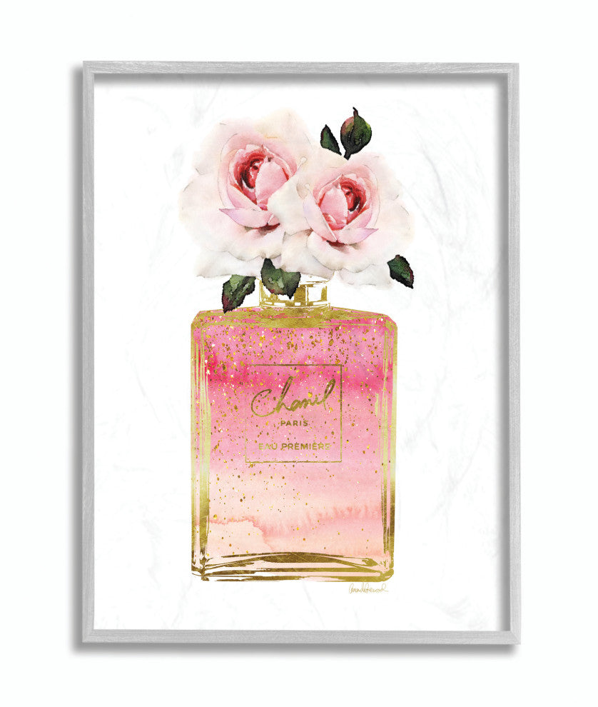 Stupell Industries Pink and Gold Ombre Perfume Bottle with Roses, 11 x 14