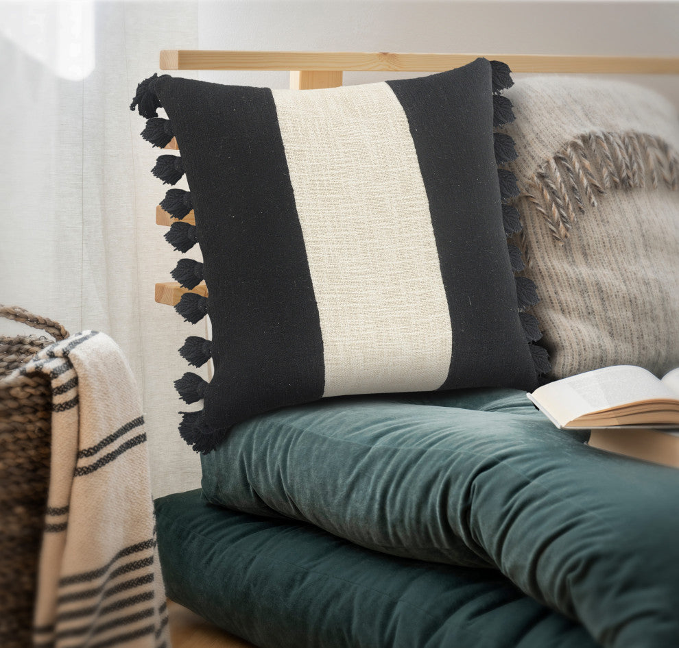 Tri-Stripe Black and Ivory Fringe Pillow