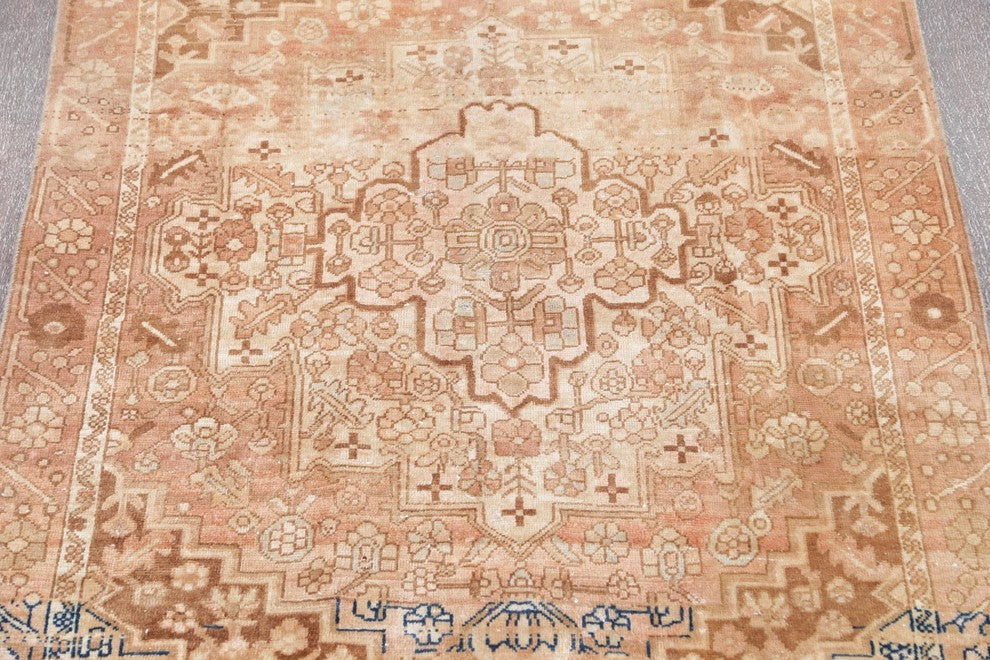 Consigned, Persian Handmade Vintage Heriz Worn Oriental Rug, Peach, 6'8"X4'9"