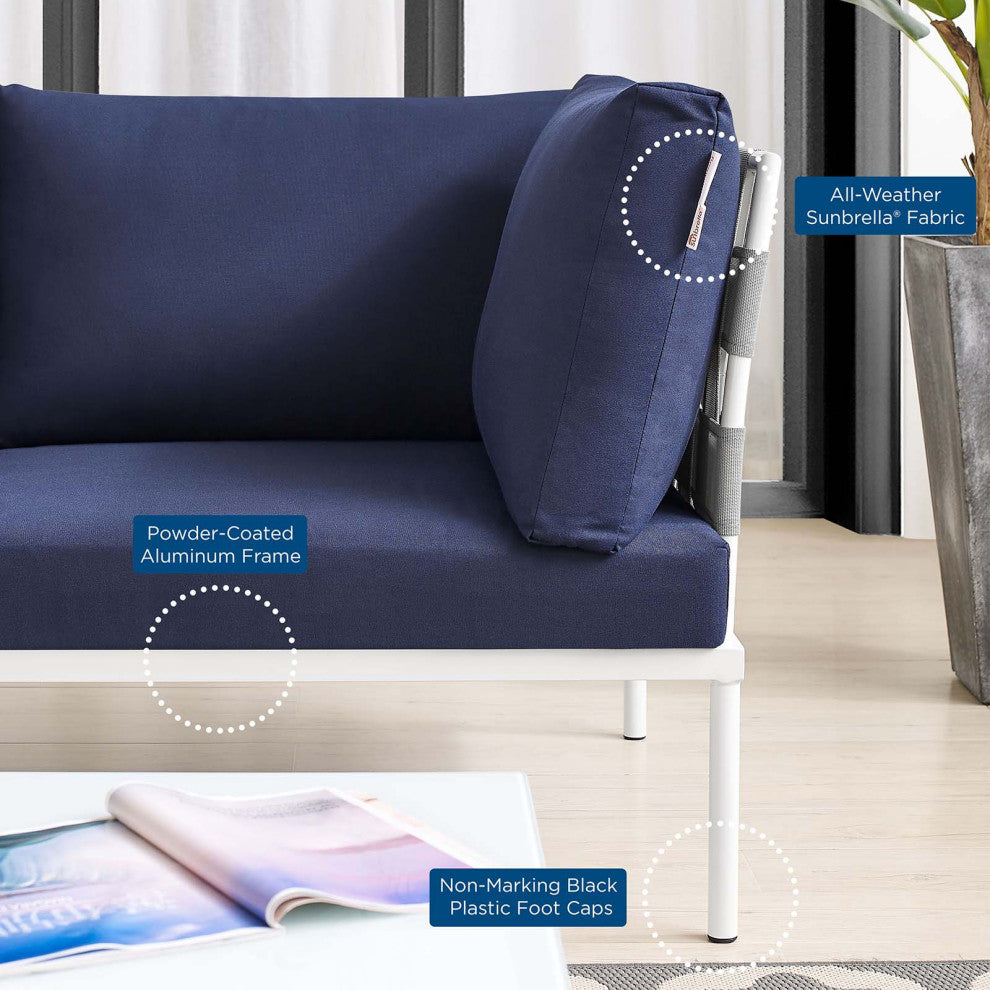 Lounge Loveseat Sofa, Sunbrella, Aluminum, Metal, Gray Blue Navy, Outdoor