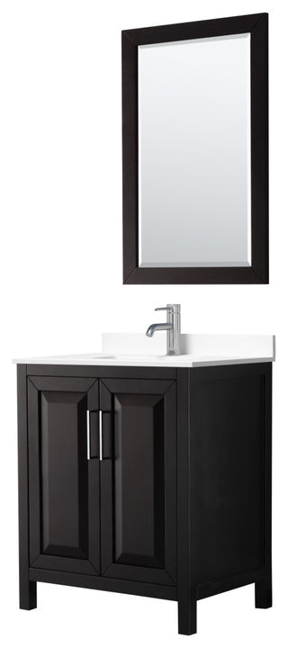 30, Single Vanity, Dark Espresso, White Marble Top, SQ Sink, 24, Mirror