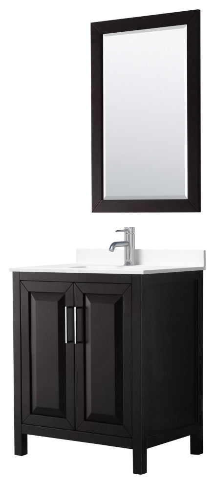 30, Single Vanity, Dark Espresso, White Marble Top, SQ Sink, 24, Mirror
