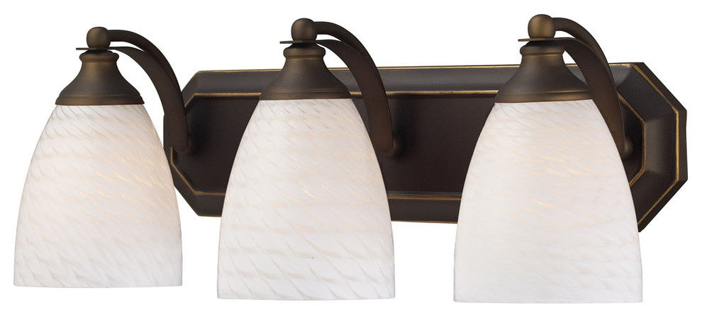 3-Light Vanity, Aged Bronze, White Swirl Glass