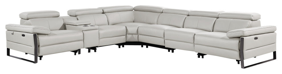 Antonio Italian Leather 7-Piece L-Shaped Power Reclining Sectional, Light Gray
